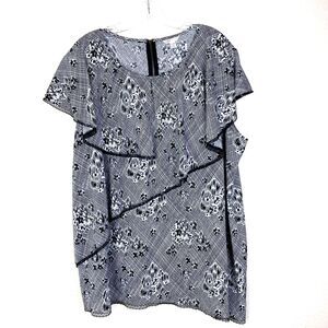 Cato Asymmetrical Top Size 22/24W Black White Ruffles Lace Back Zipper